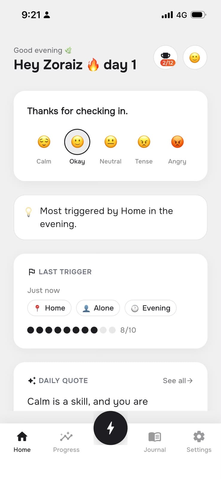 AngerEase home screen with a mood check-in and the reset button