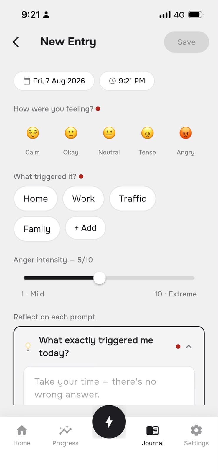 AngerEase new journal entry screen