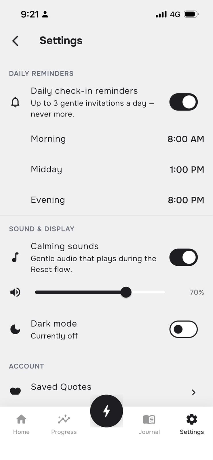 AngerEase settings screen