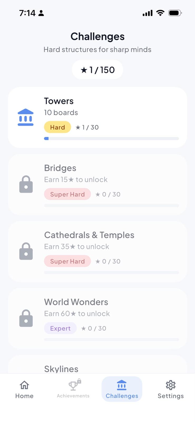 Arrow Exit challenges screen with hard-structure packs