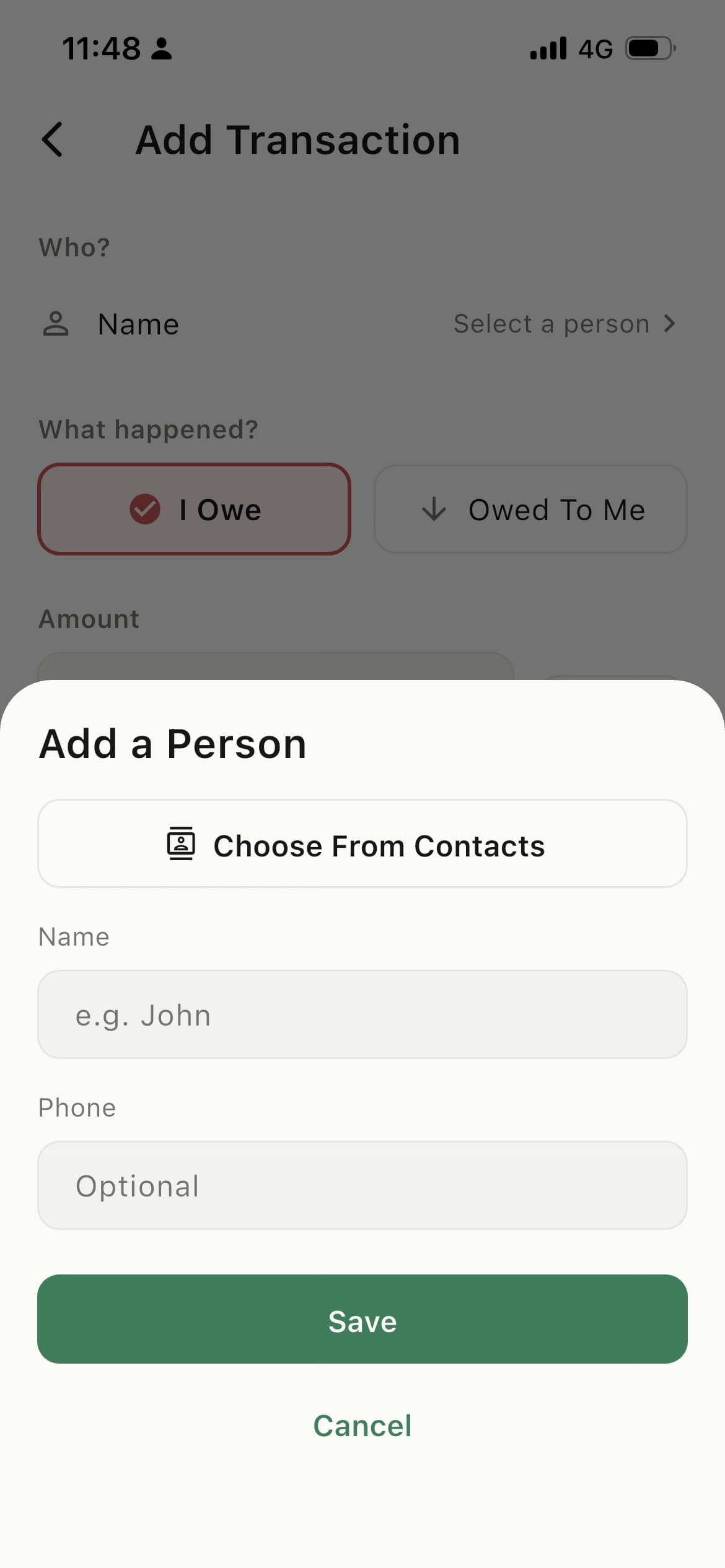 I OWE Add a Person sheet with Choose From Contacts, name and optional phone fields