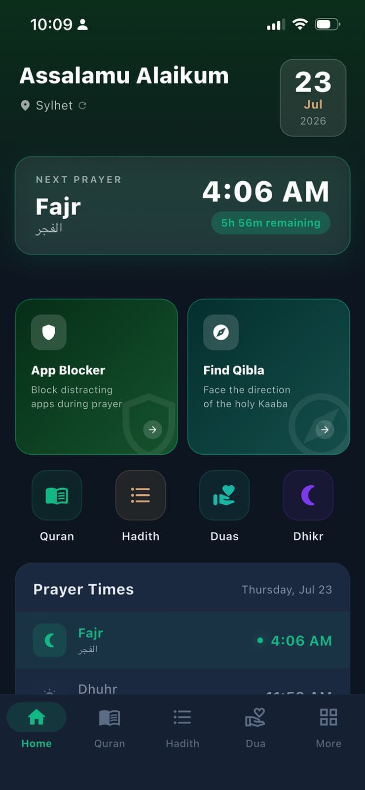 Prayer Lock home screen with the next prayer and quick access