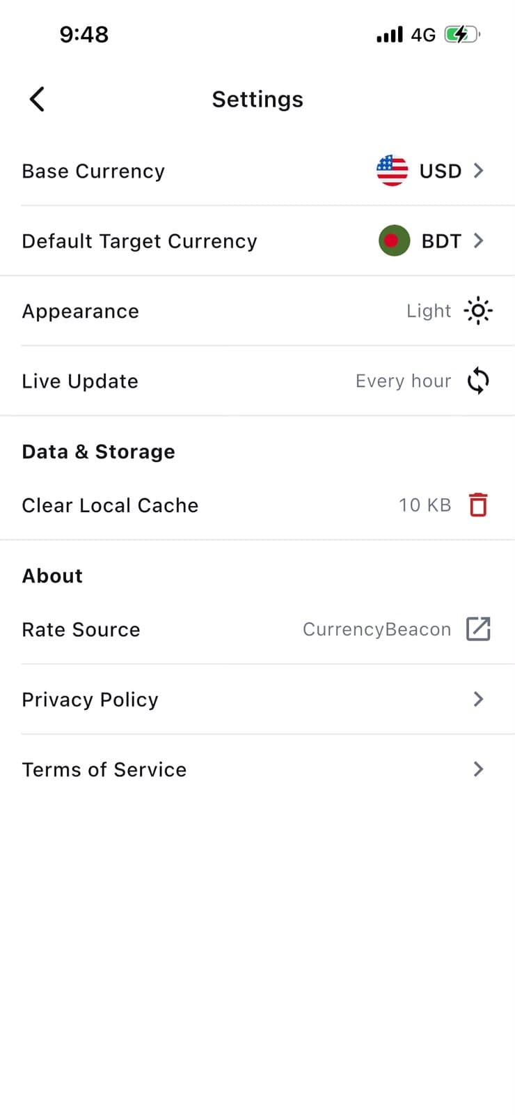 RateWise Settings screen with base and target currency, appearance, live update, cache and rate source